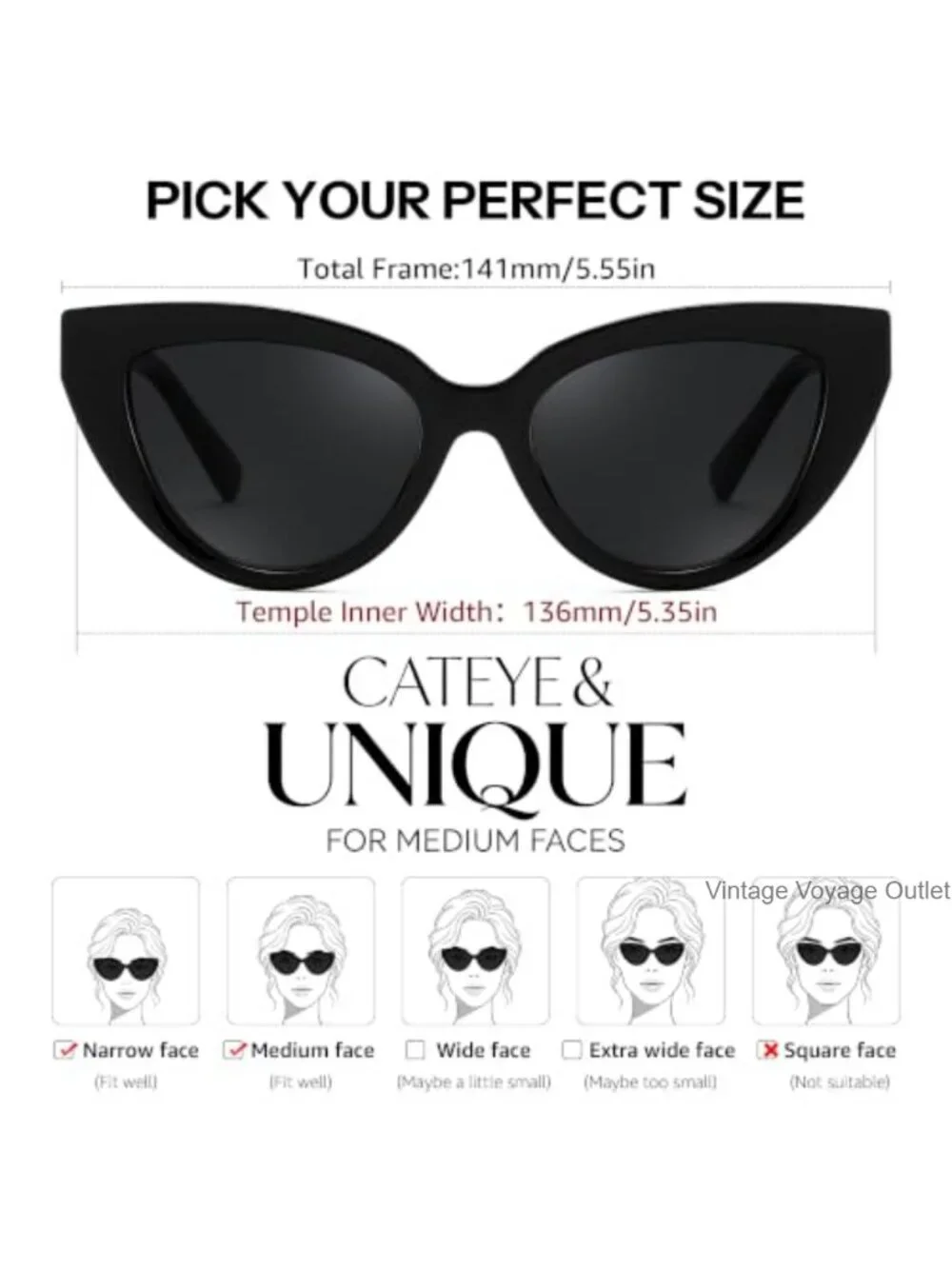 Polarized Cat Eye Sunglasses UV400 Protection Retro Vintage Metal Accents
